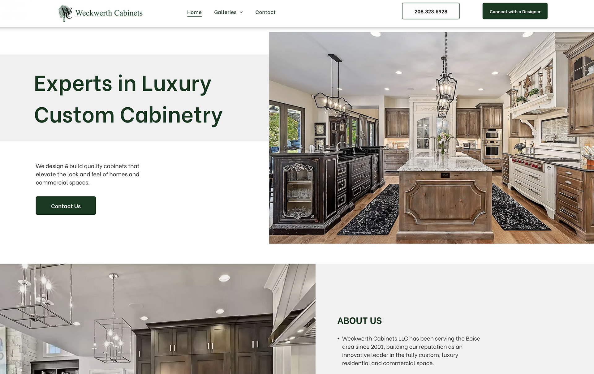 A screenshot of a website for experts in luxury custom cabinetry.