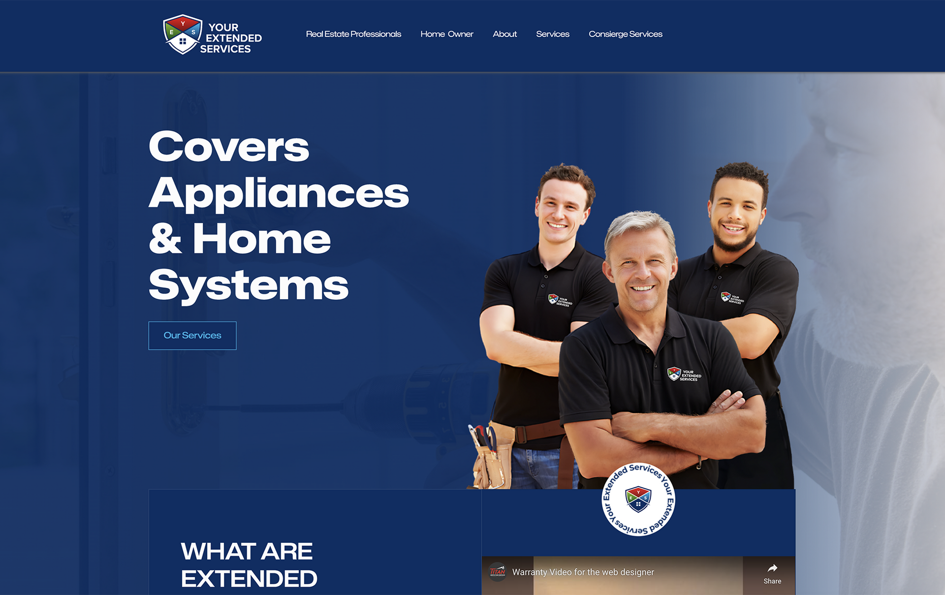 A group of men are standing next to each other on a website for covers appliances and home systems.