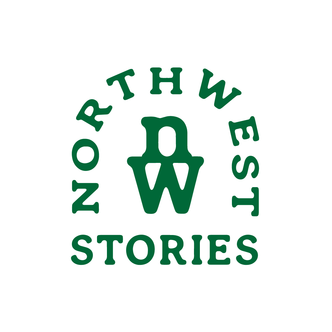 The logo for north west stories is green and white