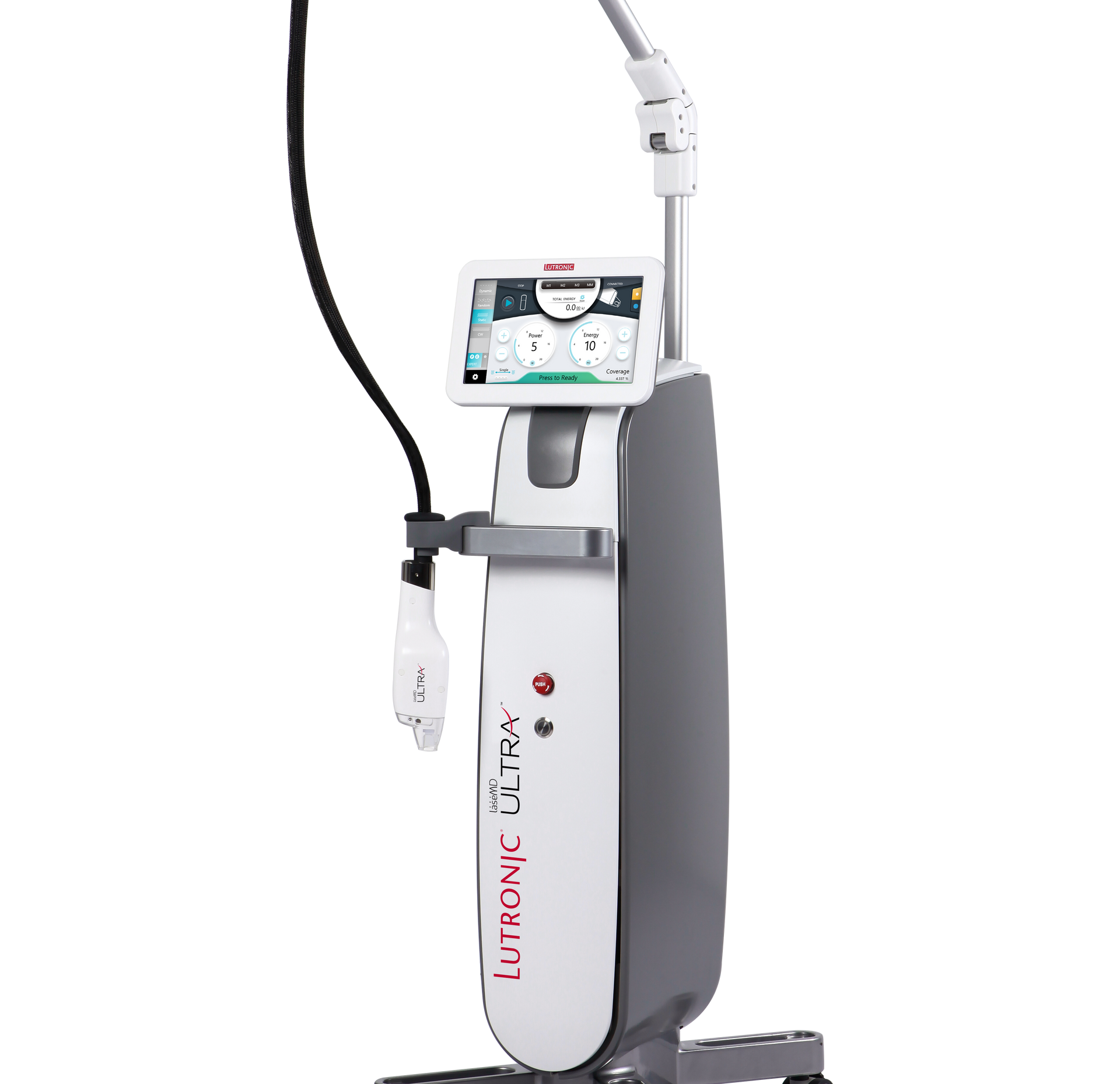 A machine is sitting on a stand on a white background.