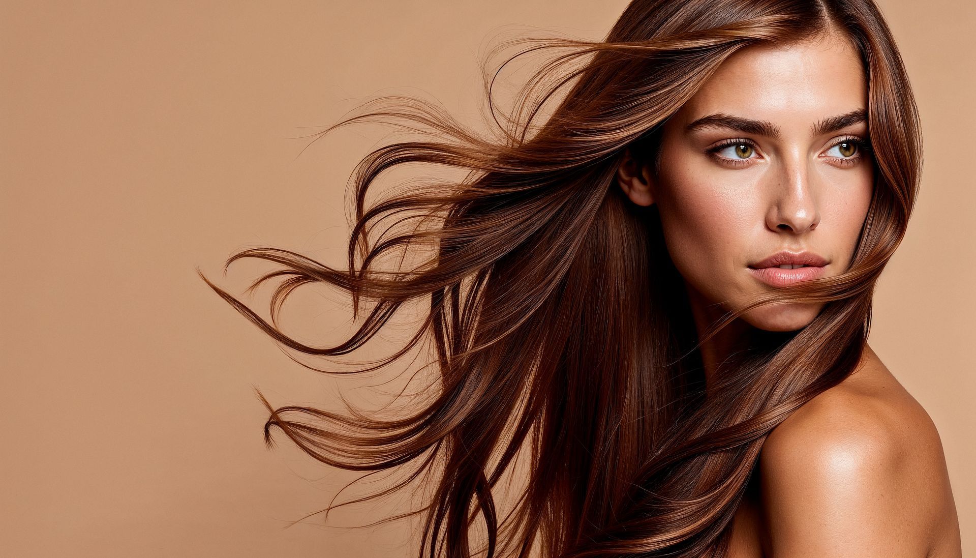A person with long, flowing brown hair set against a plain, light brown background.