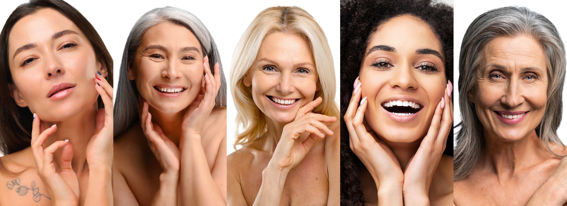 Five women with various skin tones smile, touching their faces.