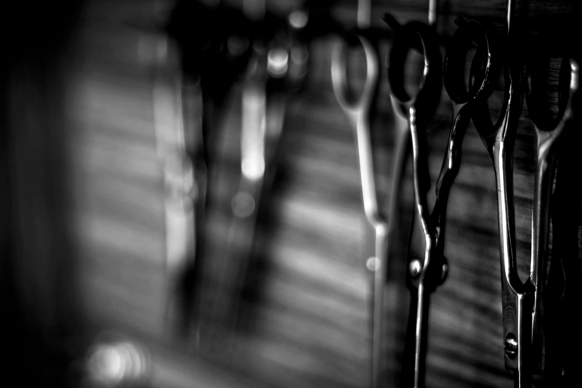 Scissors hanging on a rack in a barber shop, black and white.