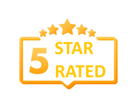 Orange 5-star rating badge with five stars above the words “5 STARS RATING”