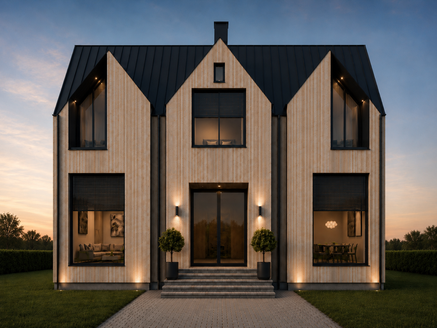 Modern Nordic gabled house with natural vertical timber cladding, black metal roof, dark-framed windows, and warm exterior lighting, Griffin Signatur façade design.