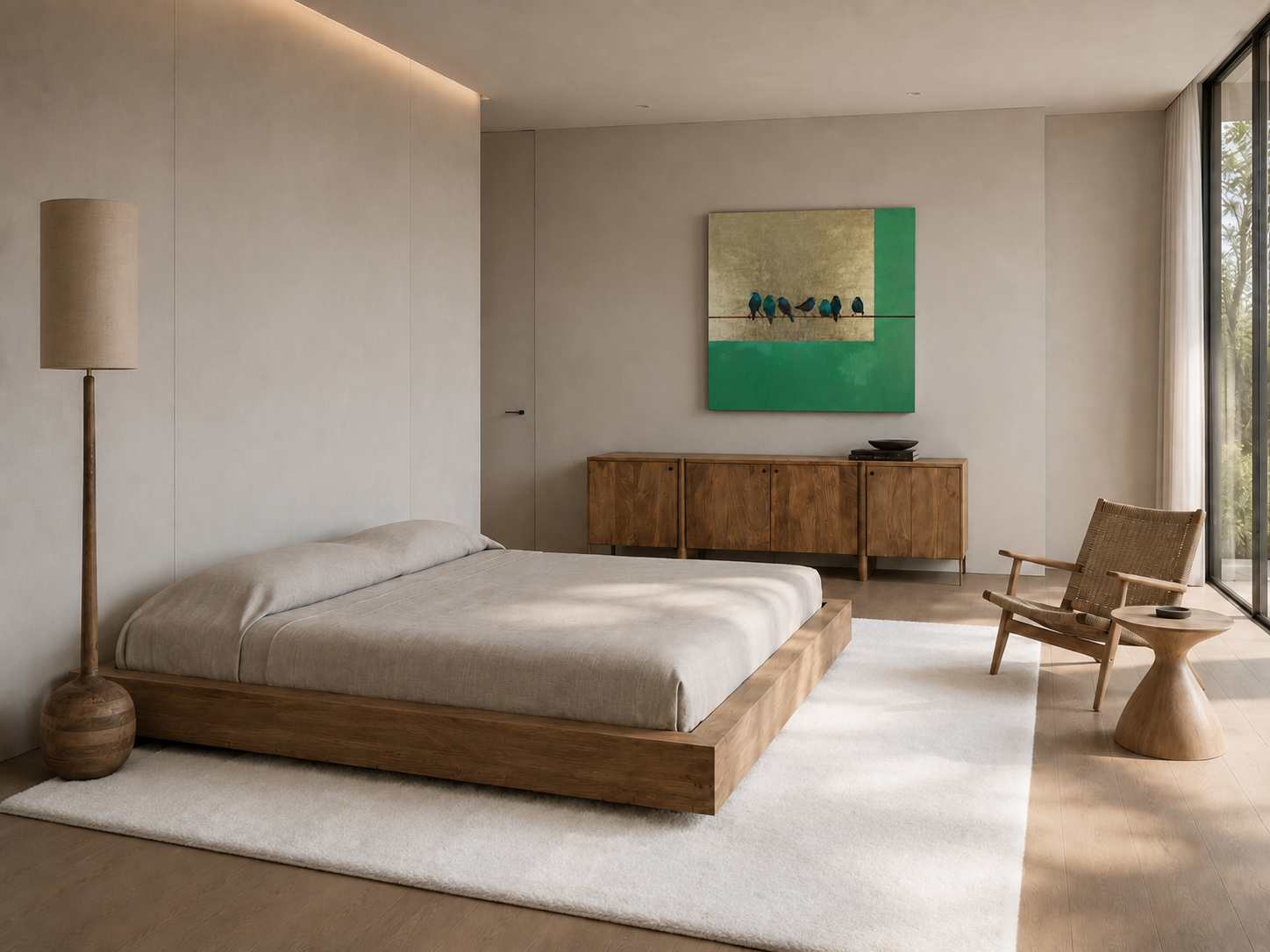 Soft minimalist Nordic bedroom with low wooden platform bed, natural oak floor, white rug, woven lounge chair, wooden sideboard, emerald wall art, and warm Griffin Signatur interior design.