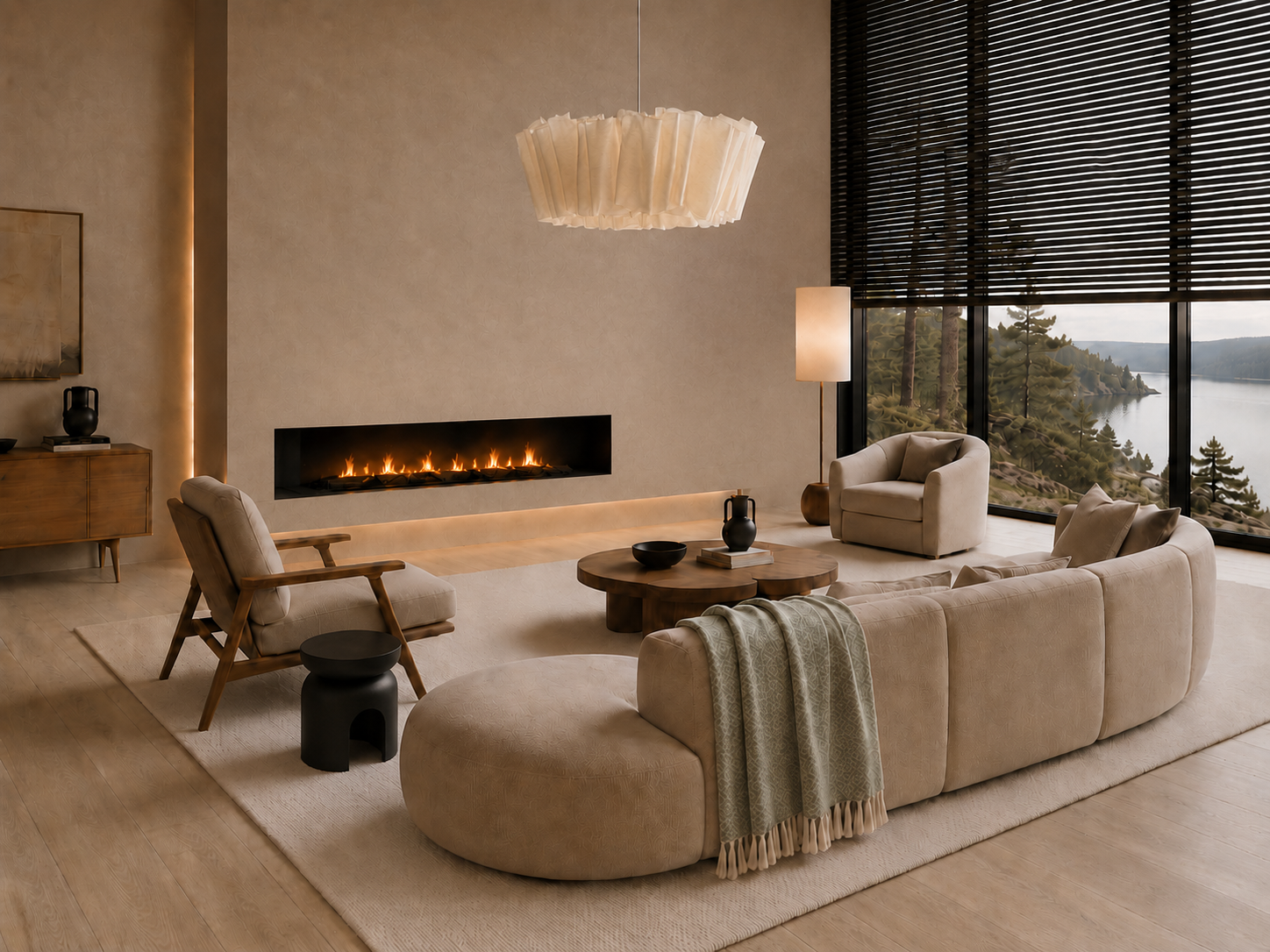 Soft minimalist Nordic living room with linear fireplace, panoramic forest view, natural oak floor, curved beige sofa, sculptural pendant light, black window frames, and warm Griffin Signatur interior design.