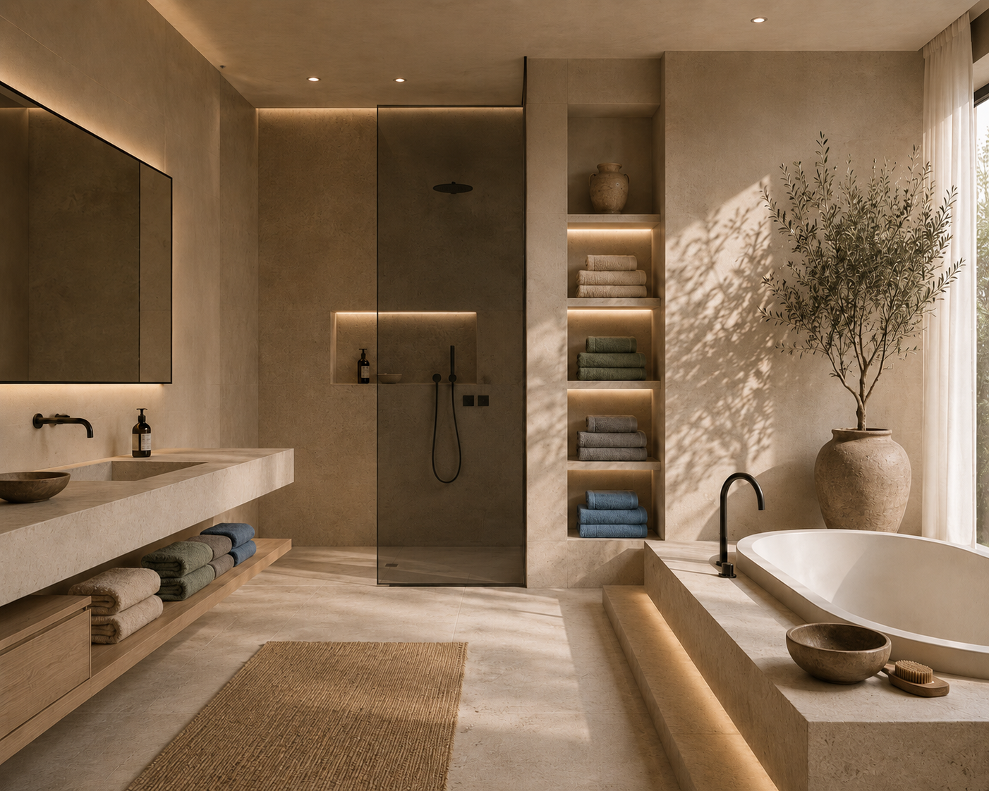 Spa-style minimalist bathroom with warm stone surfaces, freestanding bathtub, glass shower, integrated towel shelves, black fixtures, olive tree, soft indirect lighting, and Griffin Signatur interior design.