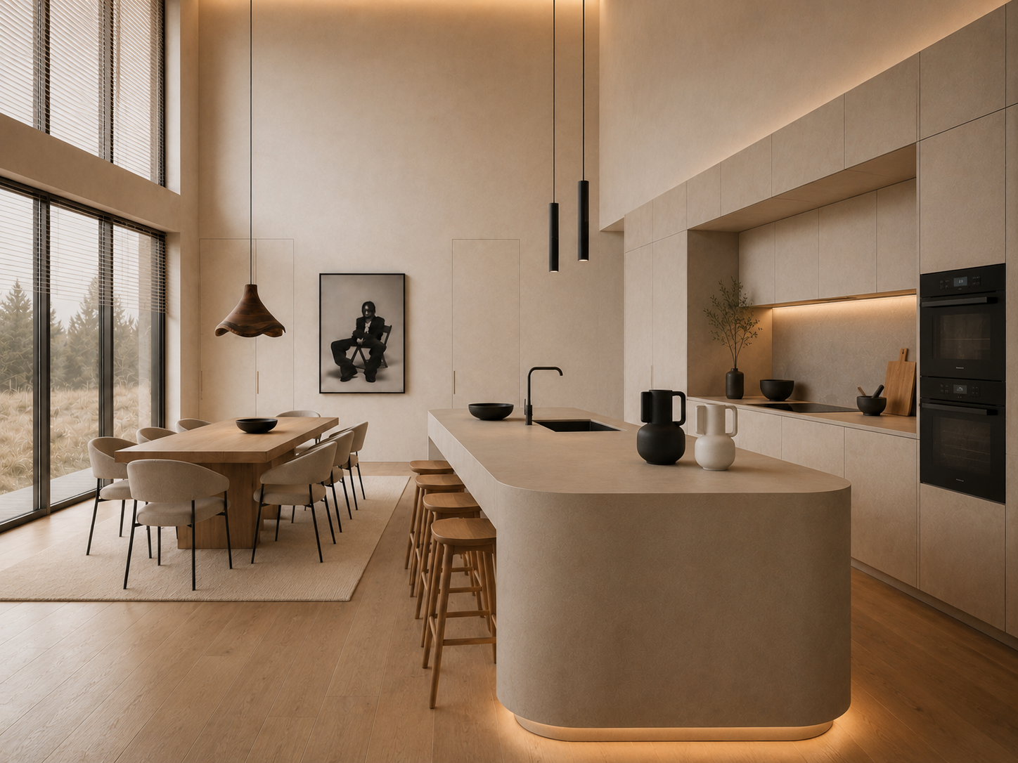 Double-height modern Nordic dining kitchen with natural oak floor, sculptural rounded kitchen island, warm indirect lighting, large windows, and soft minimalist Griffin Signatur interior design.