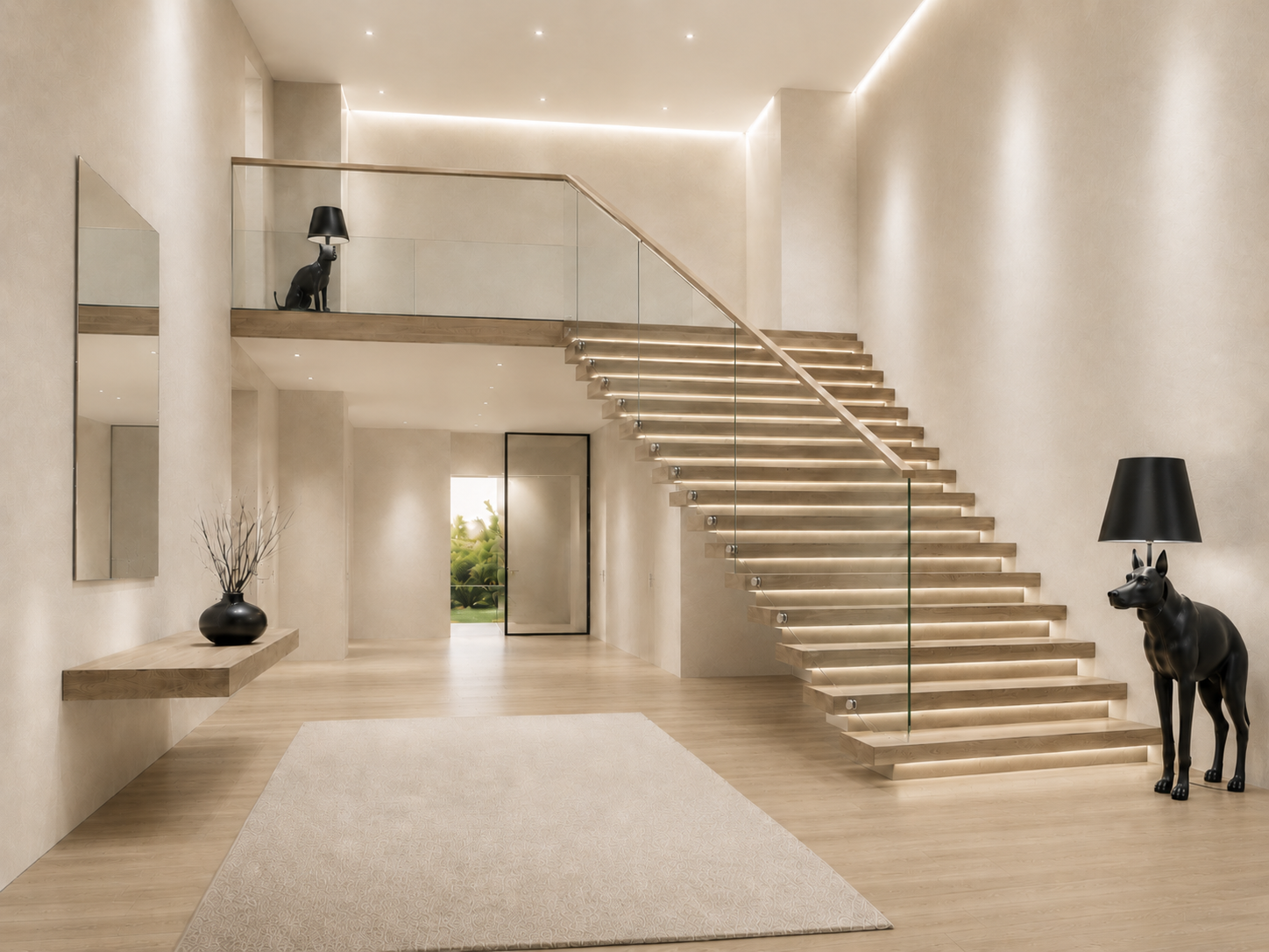 Modern Nordic entrance hall with floating wooden staircase, glass balustrade, warm indirect lighting, natural oak floor, neutral walls, black sculptural lamps, and Griffin Signatur interior design.