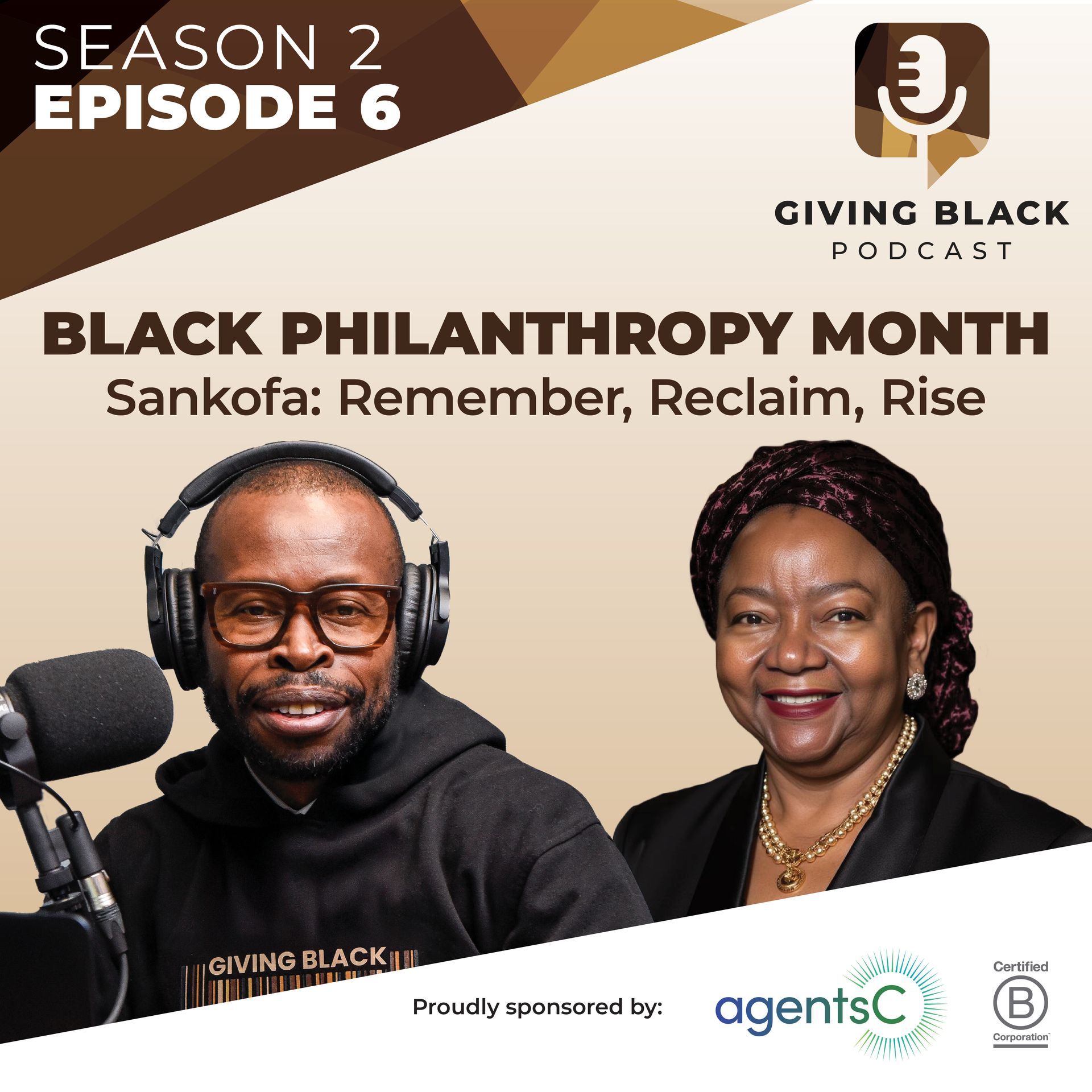 Podcast cover: Two hosts, a Black man with headphones and a Black woman, discuss Black Philanthropy Month, 