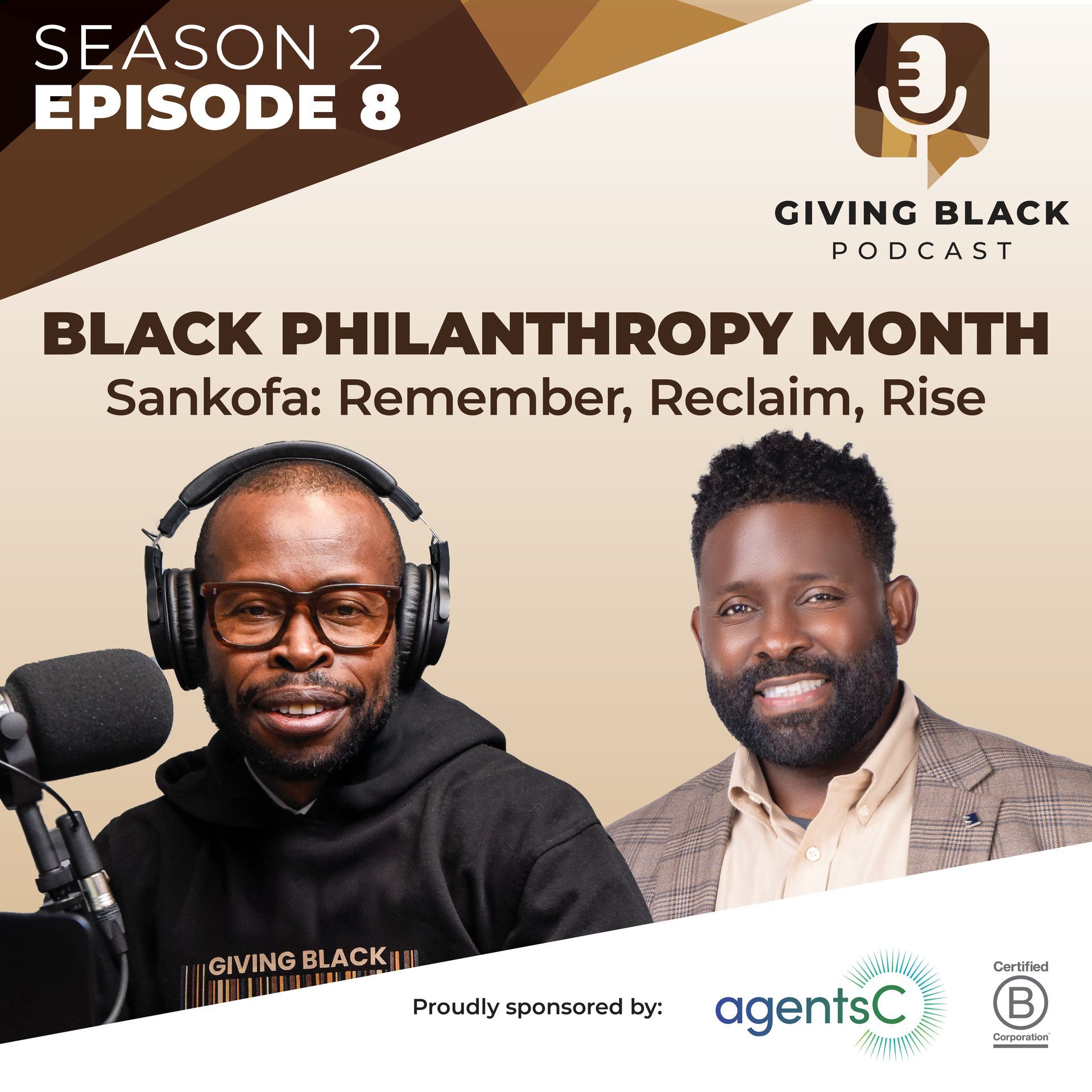 Podcast cover art. Two Black men with microphones: one wearing headphones, the other smiling. Text: 