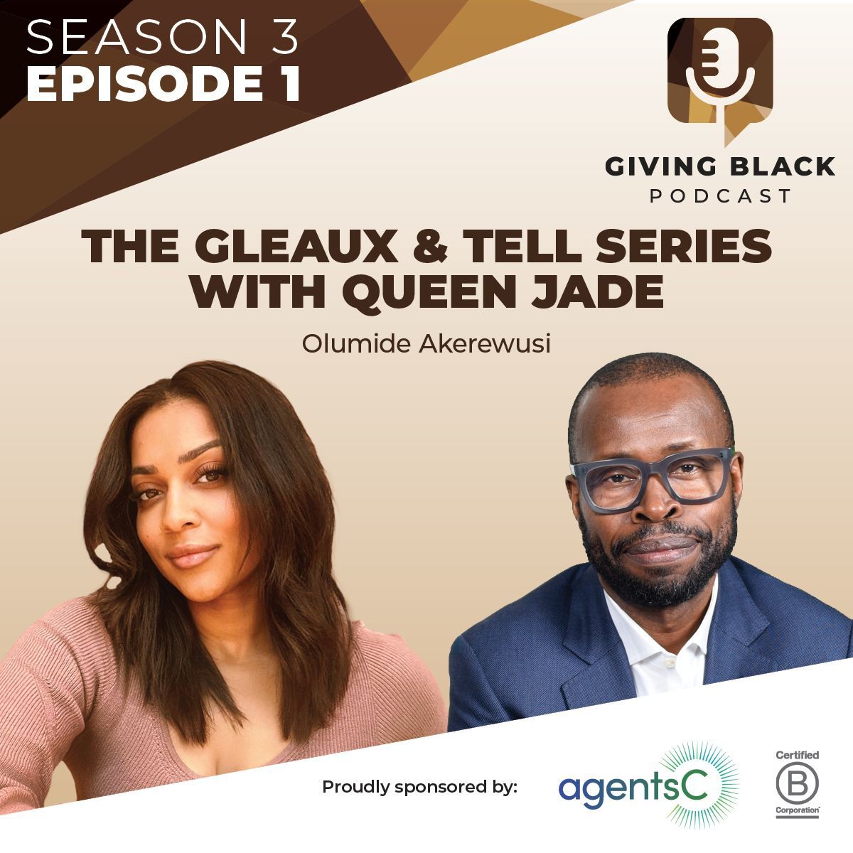 Podcast cover: Queen Jade and Olumide Akerewusi, podcast logo, and sponsor logo.
