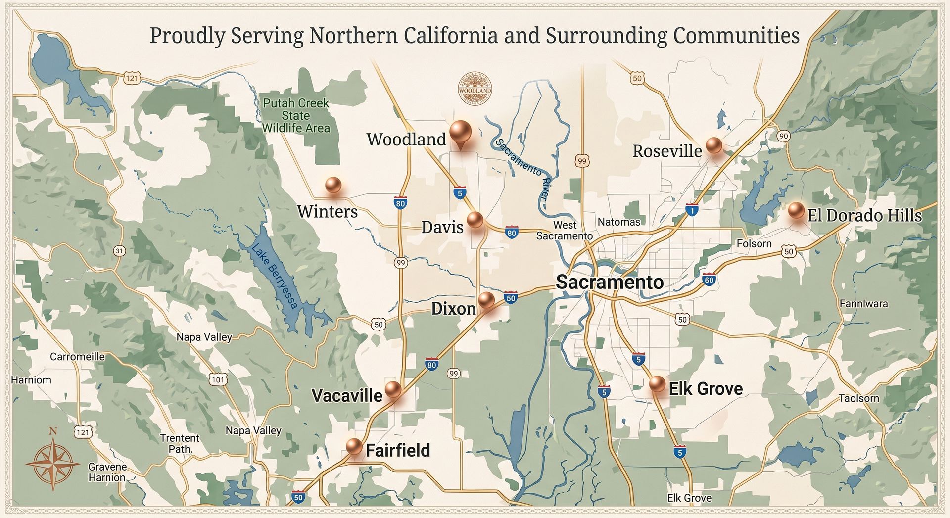 Map of northern California showing service areas and city locations with roads and surrounding communities.