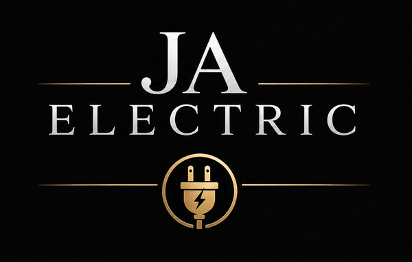 JA Electric logo on black background with gold lettering and a plug icon