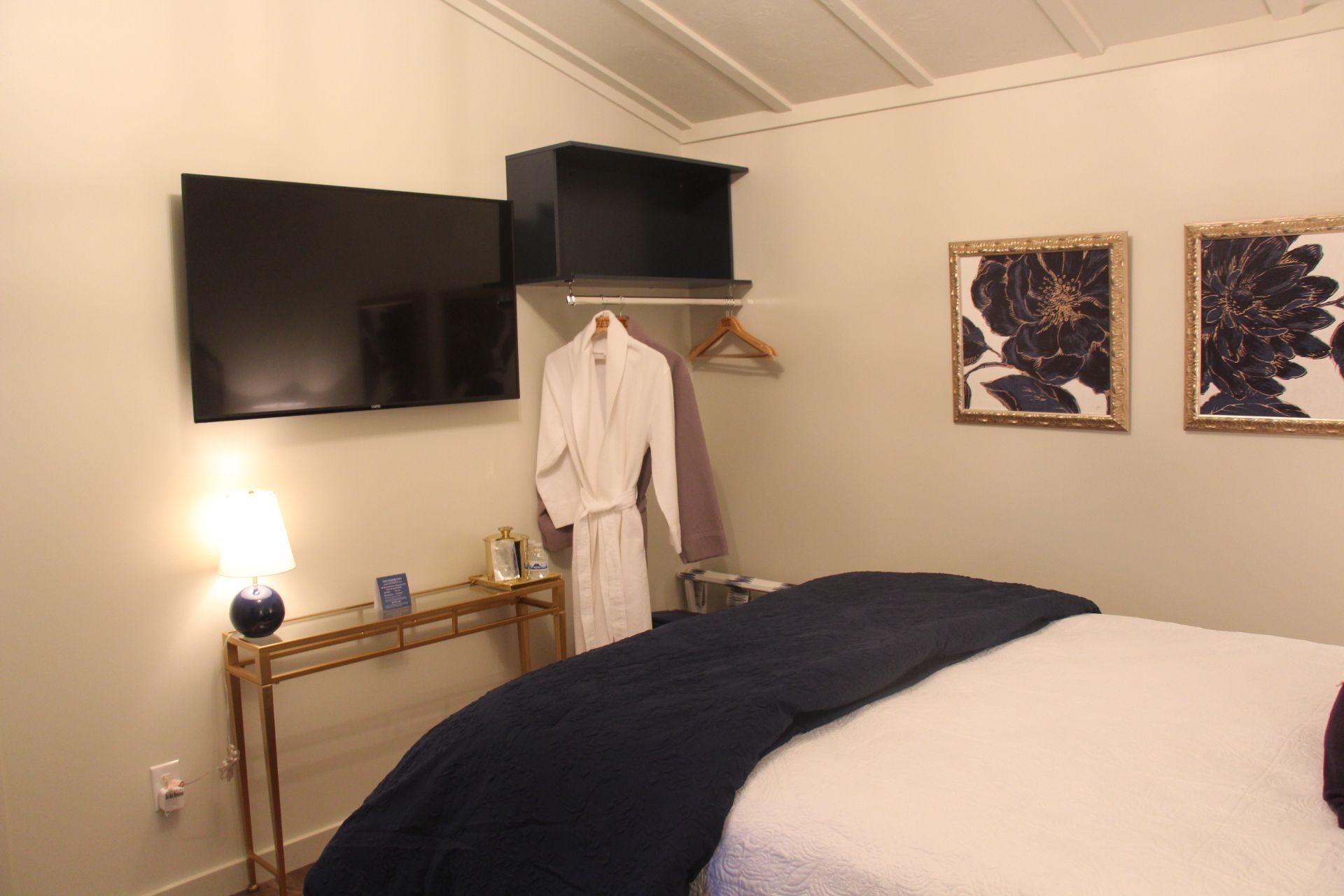 Bedroom with bed, TV, robe hanging on a rack, and decorative artwork on the wall.