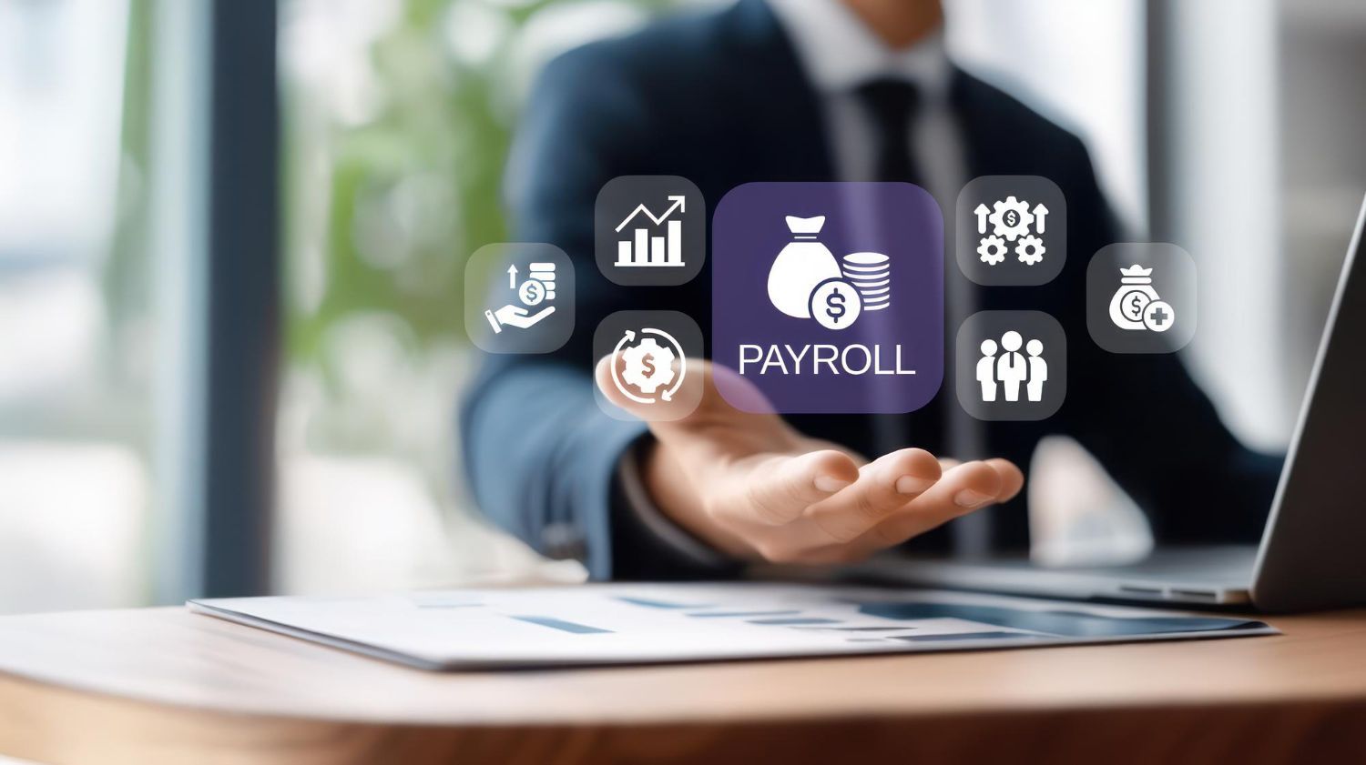 A person in a suit presenting payroll-related icons, including a money bag, above a laptop.