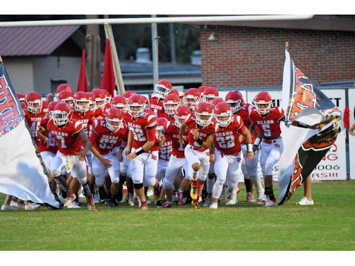 a group of young football players are running on a field