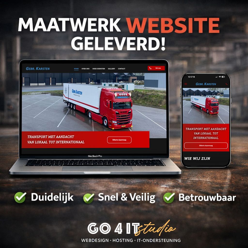 Laptop and phone showing a website with a red and white truck. Text:
