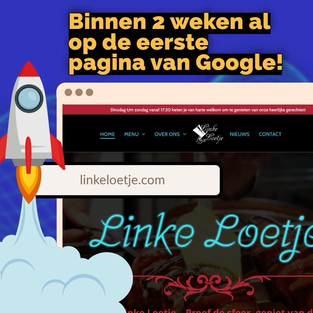 A rocket is flying over a computer screen that says binnen 2 weken al op de eerste pagina van google