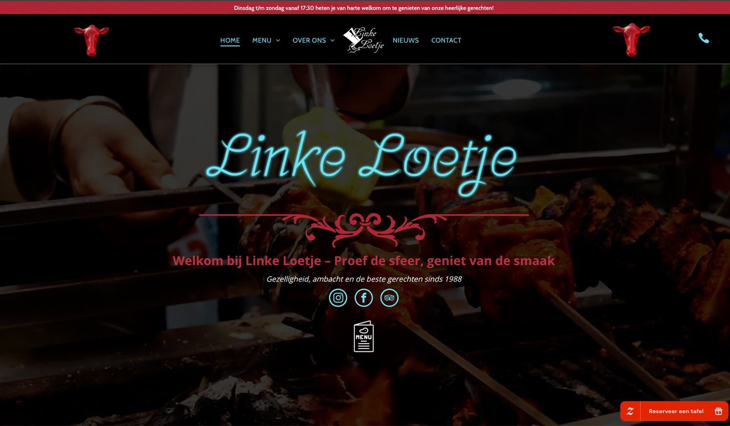 Een screenshot van een website voor linke lootje toont een persoon die eten kookt op een grill.