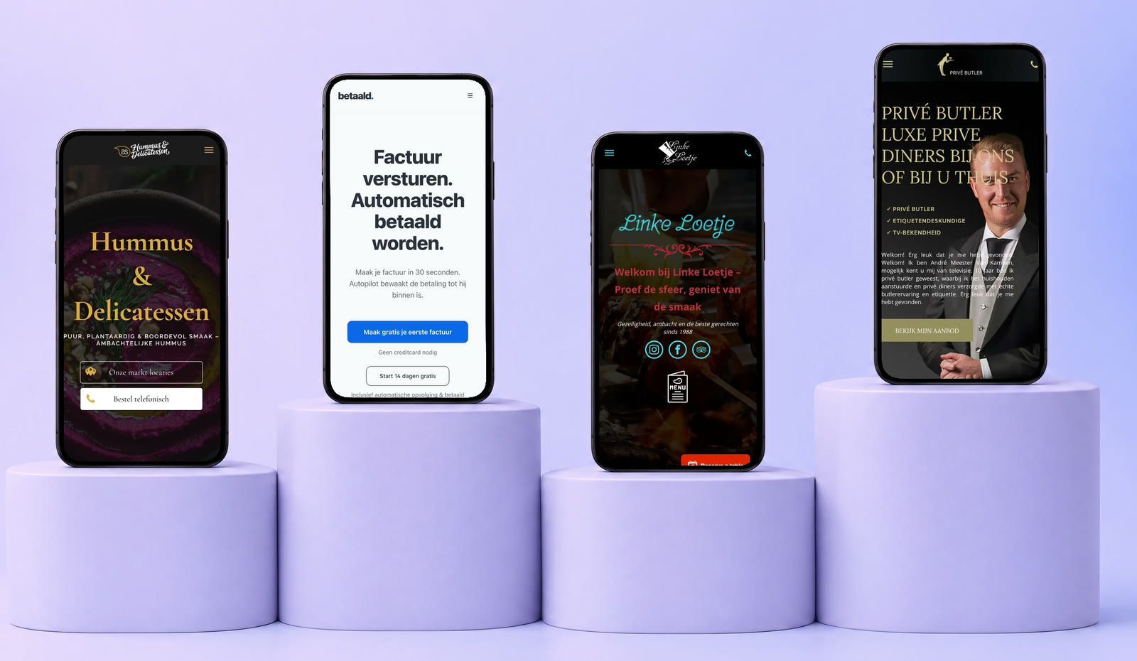 Vier telefoons met de mobiele websites van BetaaldWorden.nl, Linke Loetje, Privé Butler en Hummus & Delicatessen