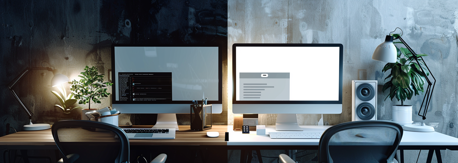 Two computer monitors are sitting on a desk in an office.