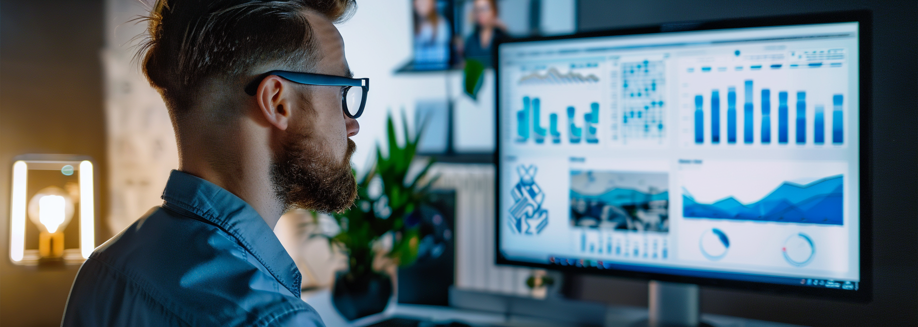 A man is looking at a computer screen with graphs on it.