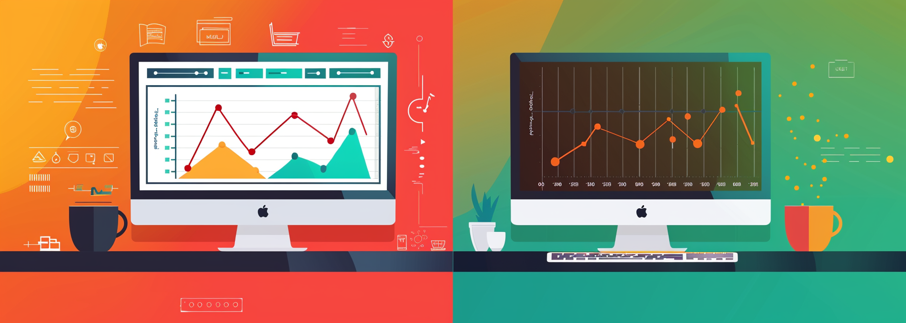 Two computer monitors with graphs on them are sitting on a desk.