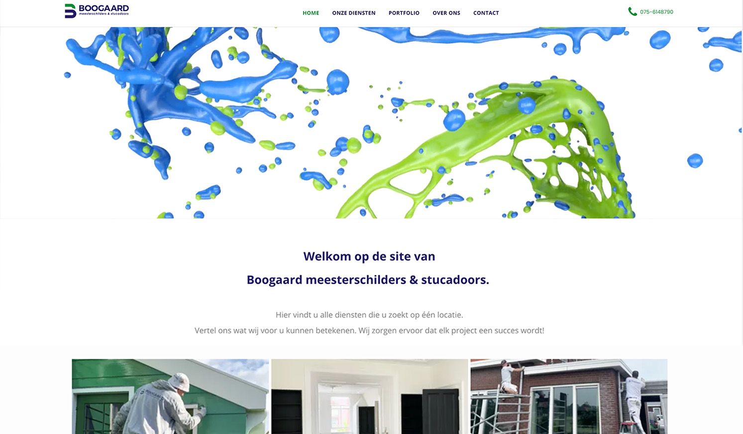 Een screenshot van een website met spetters blauwe en groene verf.