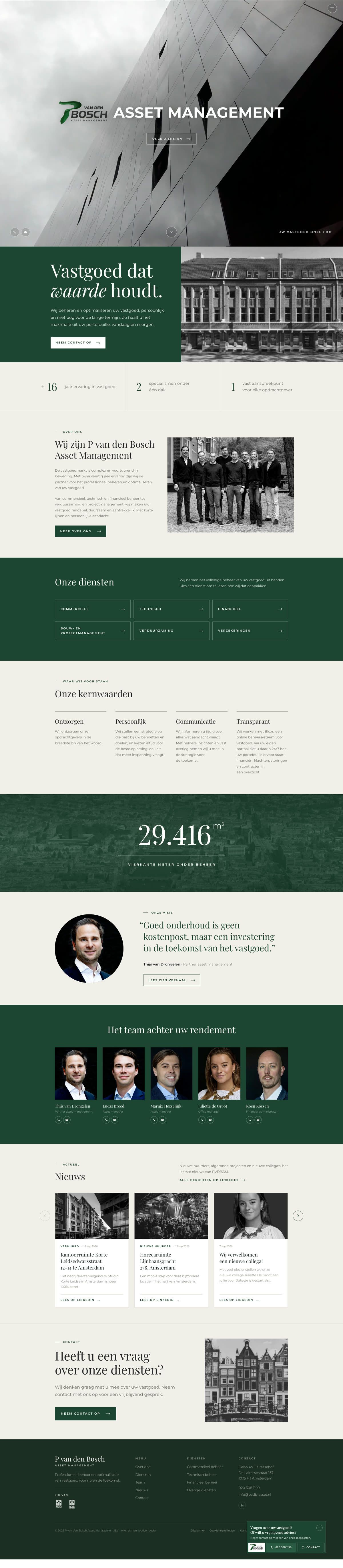 De nieuwe website van PVDB Asset Management op een scherm in een kantoor aan de gracht