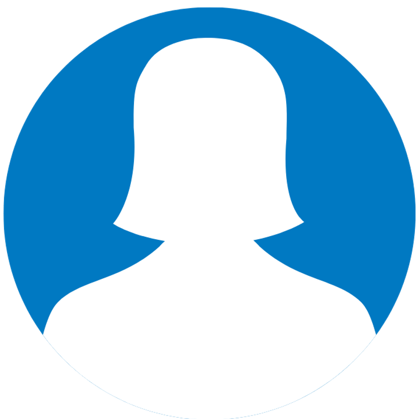 A silhouette of a woman 's head in a blue circle.
