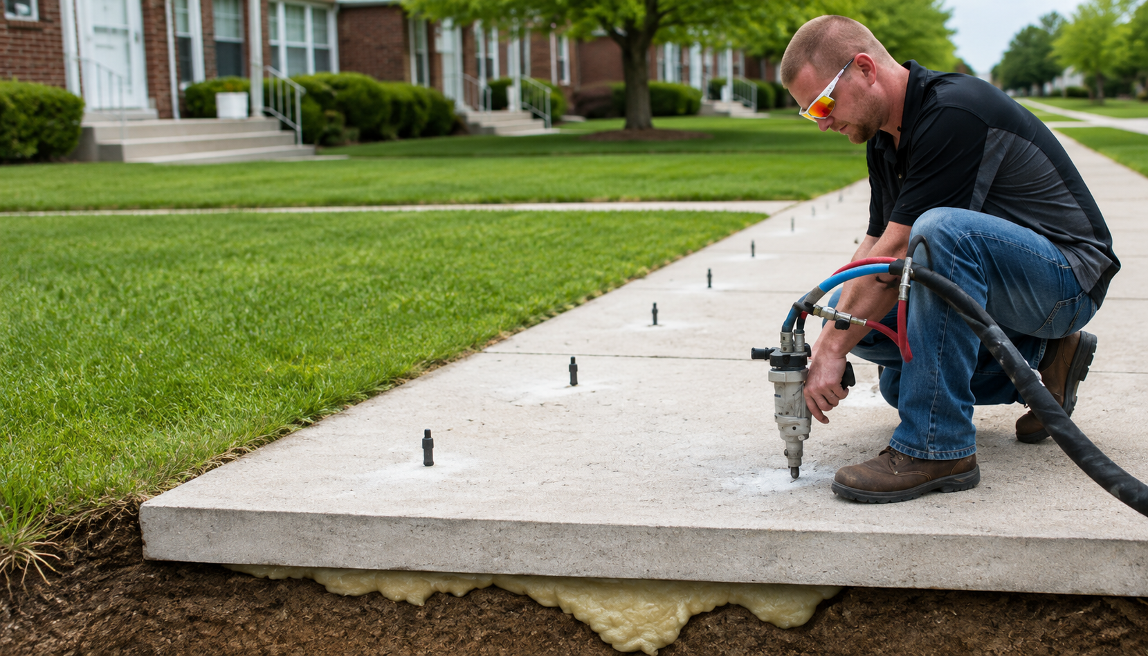 Concrete Services in Renton, WA show a worker lifting a concrete sidewalk with injection equipment and foam beneath.