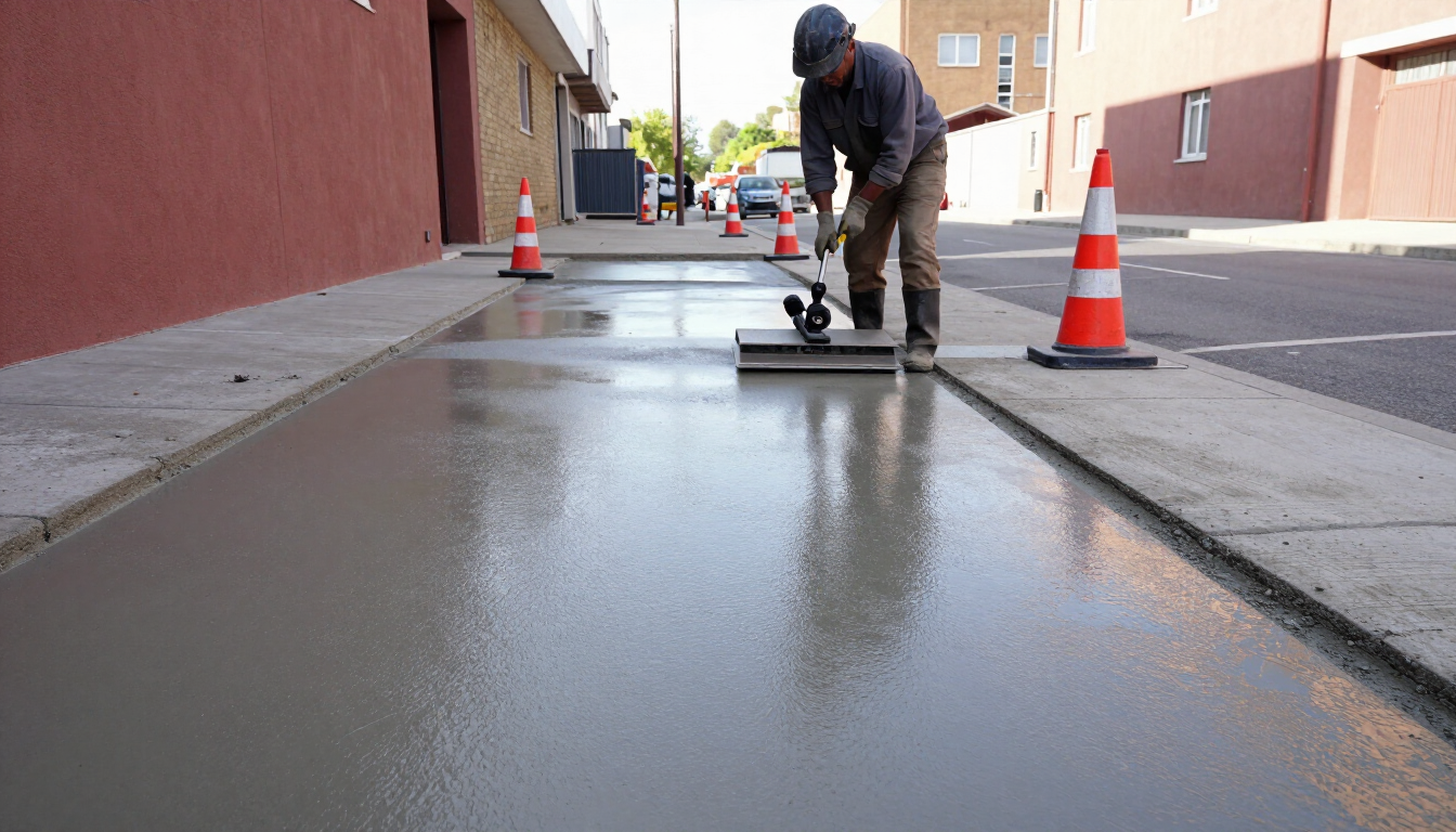 Worker finishing fresh resurfaced concrete by Concrete Services in Renton WA for a smooth lasting finish.