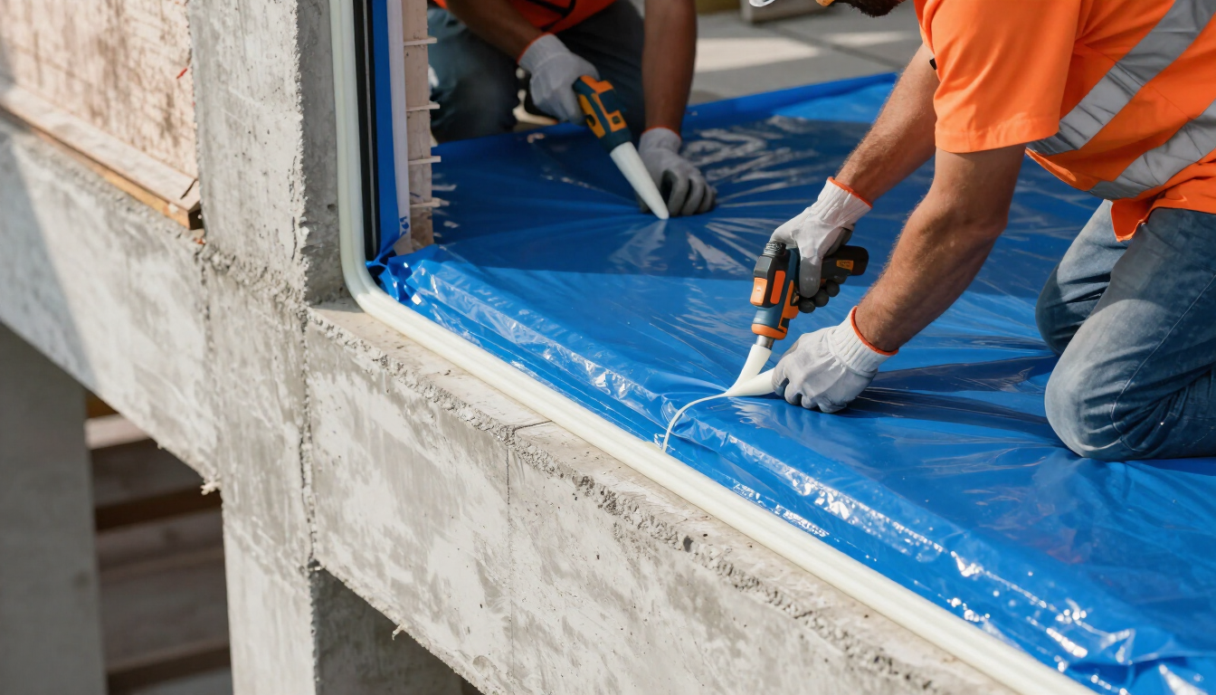 Workers sealing concrete around a window with Concrete Services in Renton WA for lasting protection.