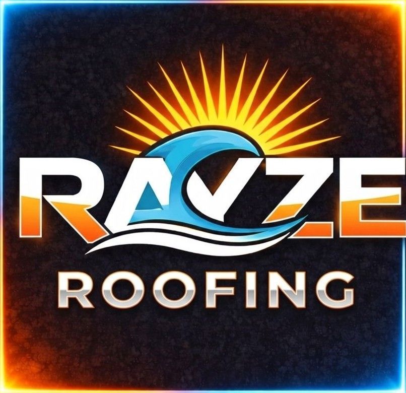 Logo for "Ravze Roofing" with a blue wave and sunburst graphic over the text against a dark, glowing background.