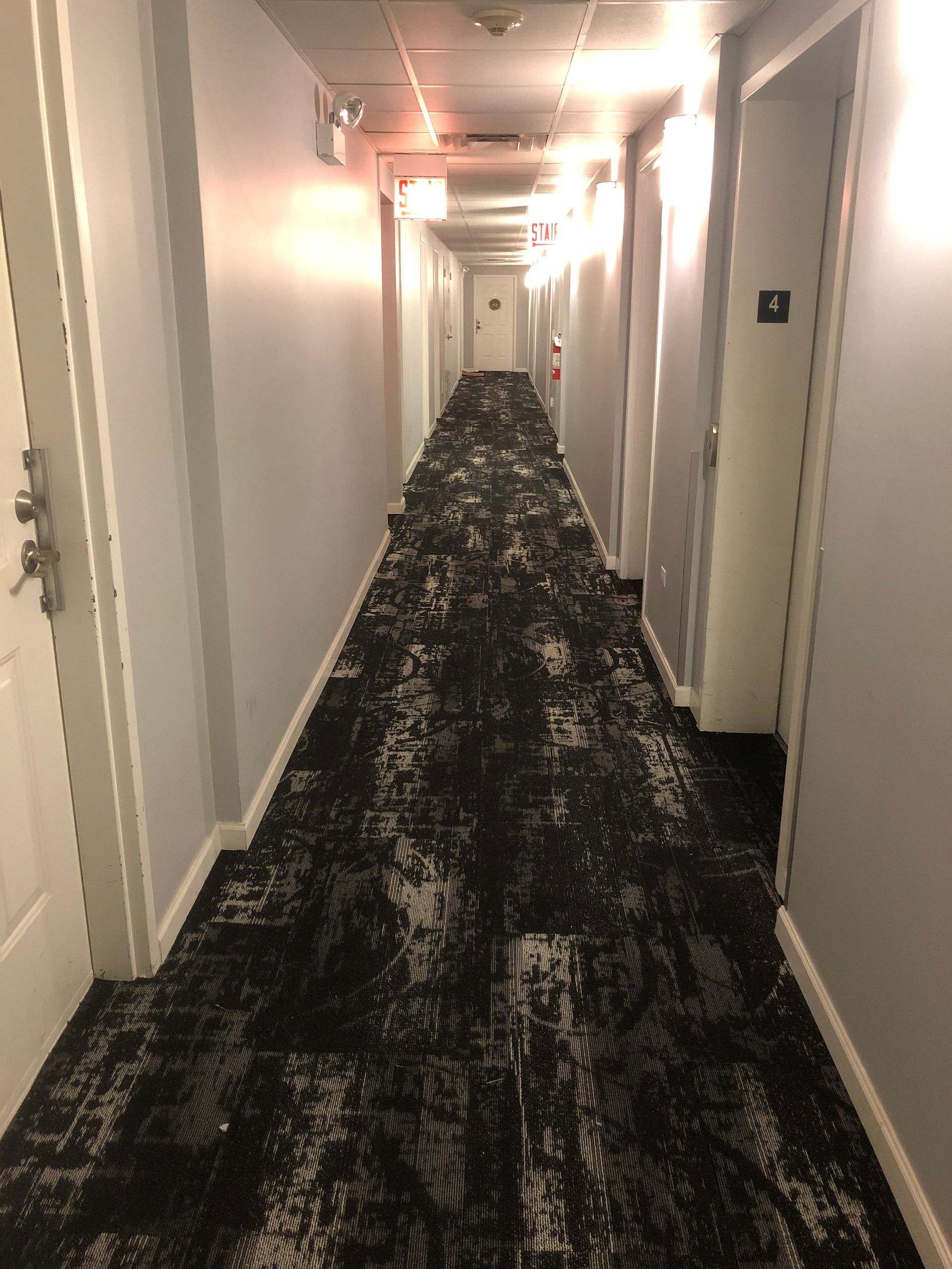 Narrow apartment hallway with white walls and a dark patterned carpet, lit by overhead lights.