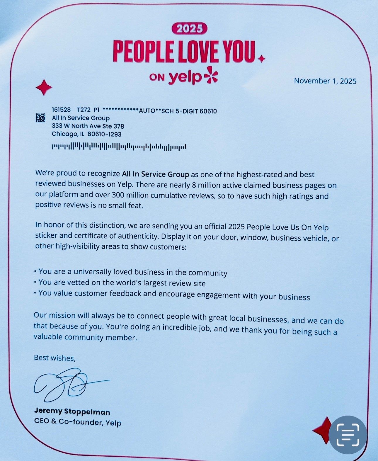 2023 Yelp “People Love You on Yelp” certificate with blue text and red border on a white page