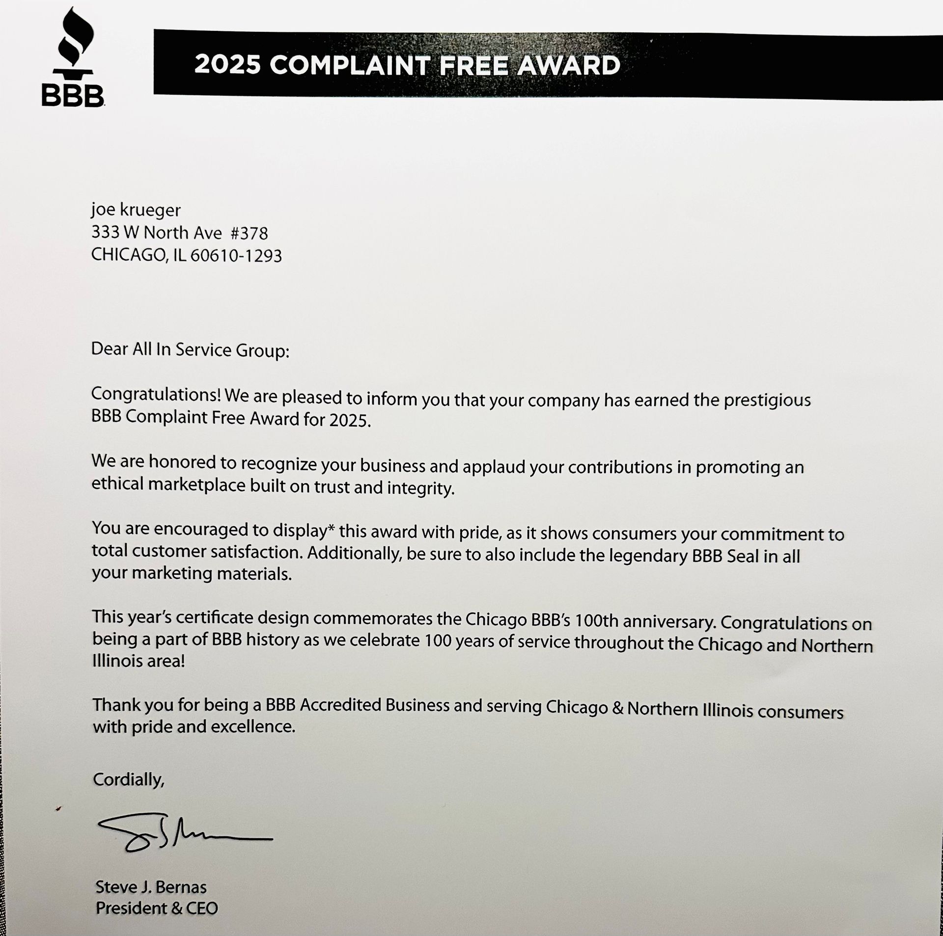 BBB “2025 Complaint Free Award” certificate on a white page with black header text.