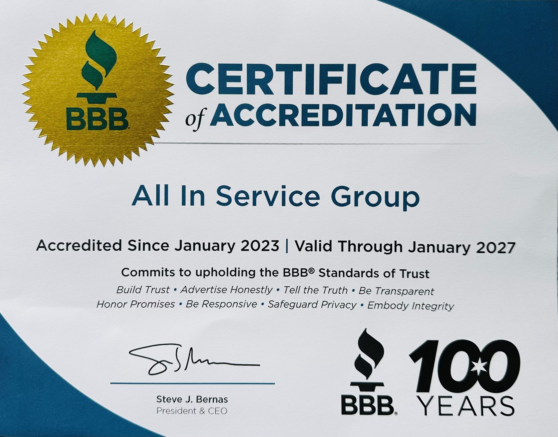 BBB Certificate of Accreditation for All In Service Group, valid January 2023–January 2027