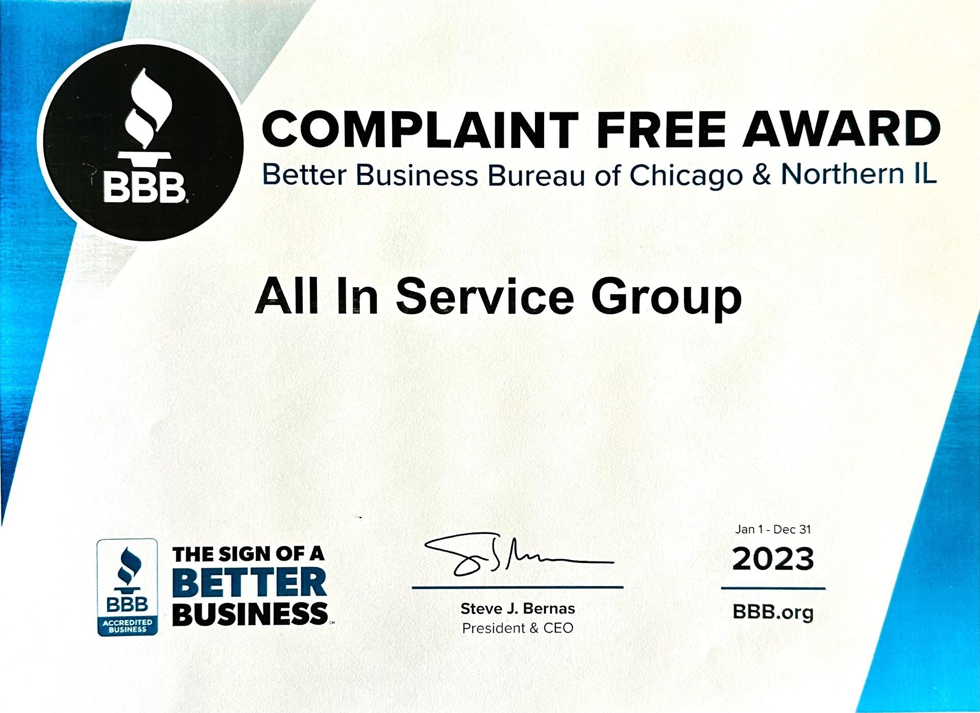 BBB Complaint Free Award certificate for All In Service Group, with BBB logo and 2023 Better Business Bureau of Chicago and Northern Illinois seal