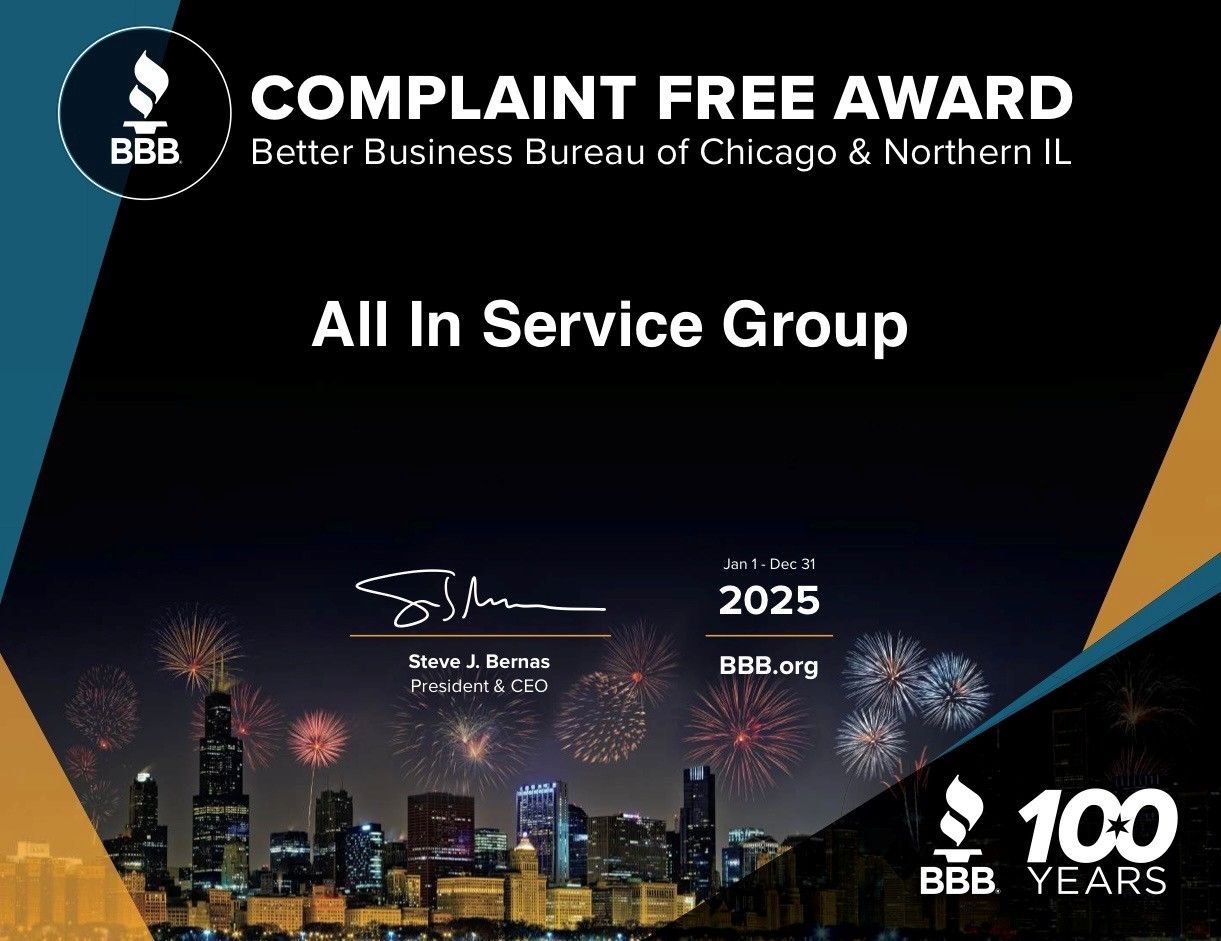 BBB Complaint Free Award graphic for All In Service Group, with city skyline and fireworks on black background