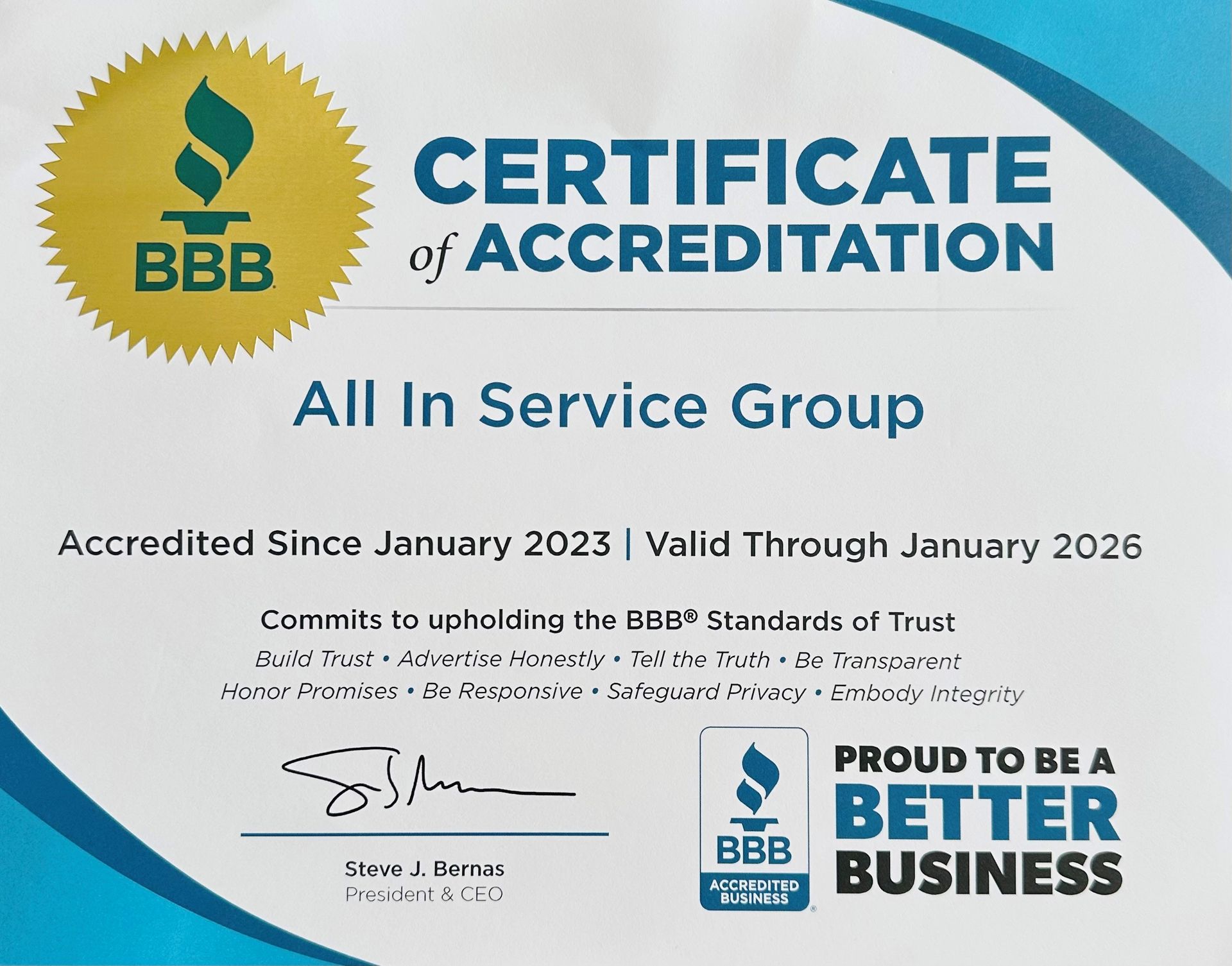 BBB certificate of accreditation for All In Service Group, blue and gold with Proud to Be a Better Business seal