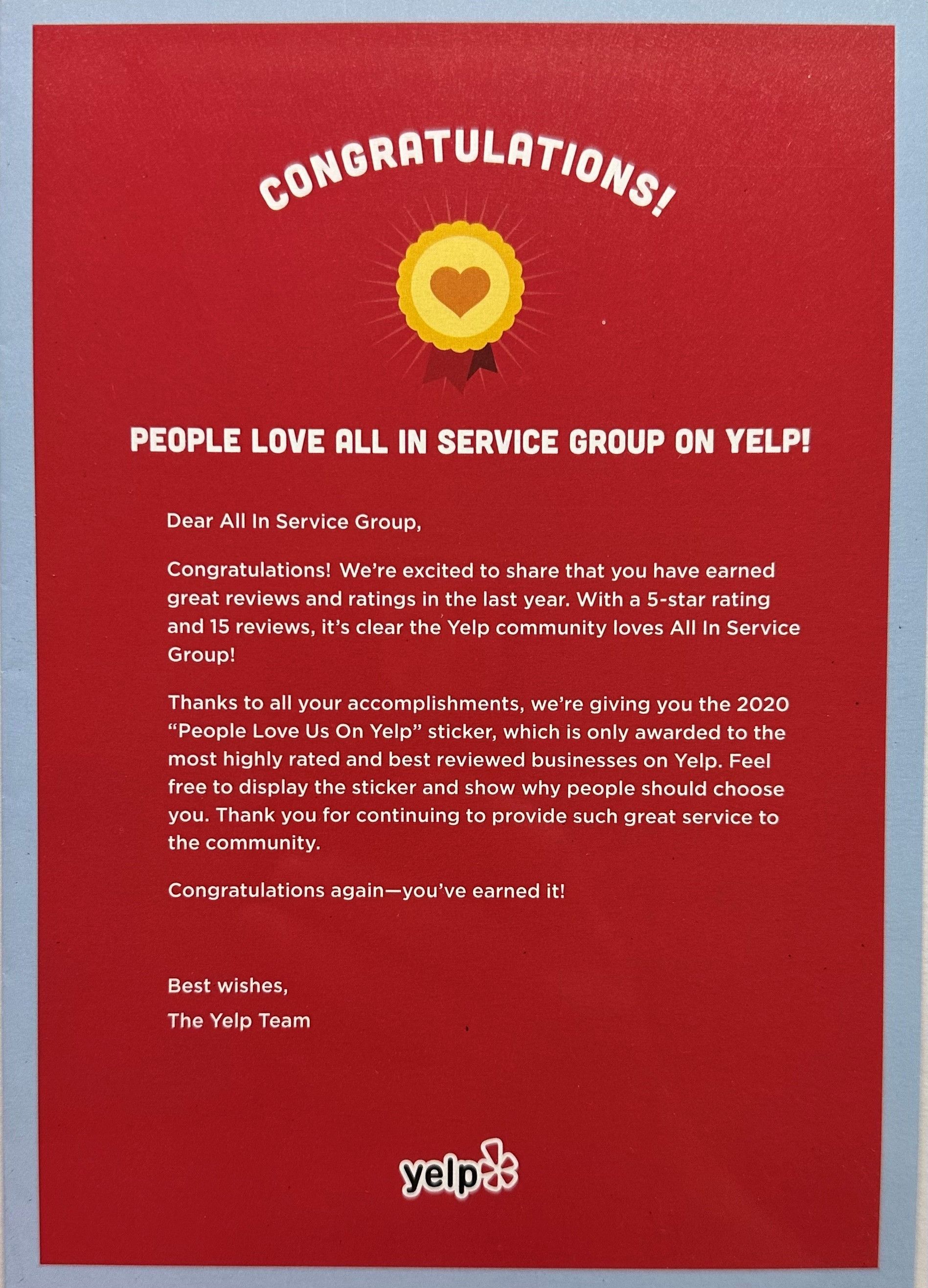 People Love Us on Yelp award — All In Service Group Chicago