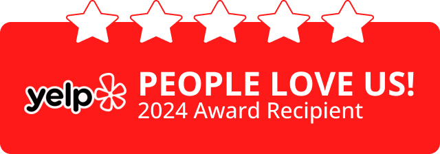 Yelp “People Love Us!” 2024 award badge with five stars on a red background