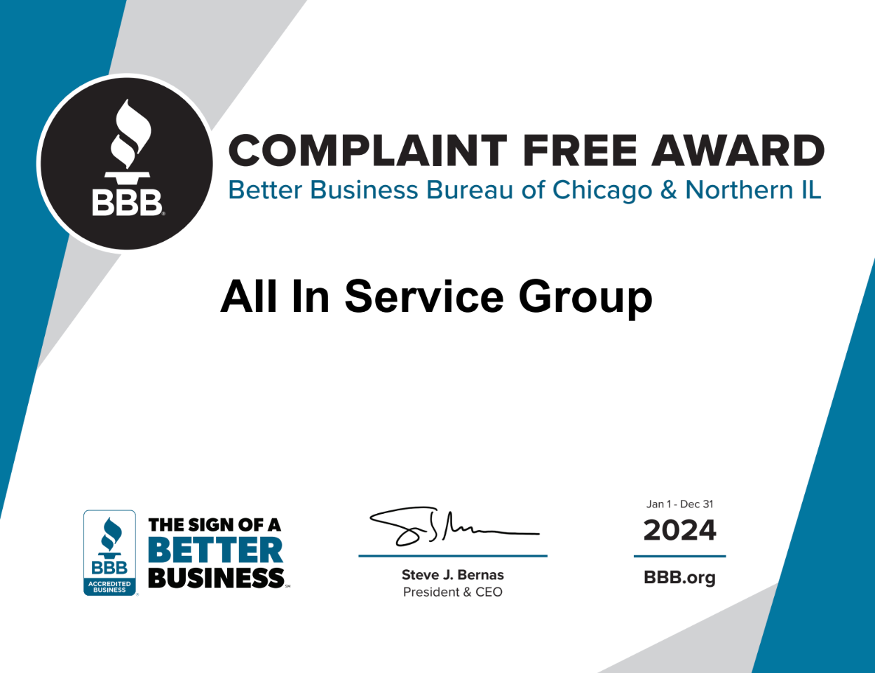 BBB Complaint Free Award for All In Service Group, with Better Business Bureau logos and 2024 badge