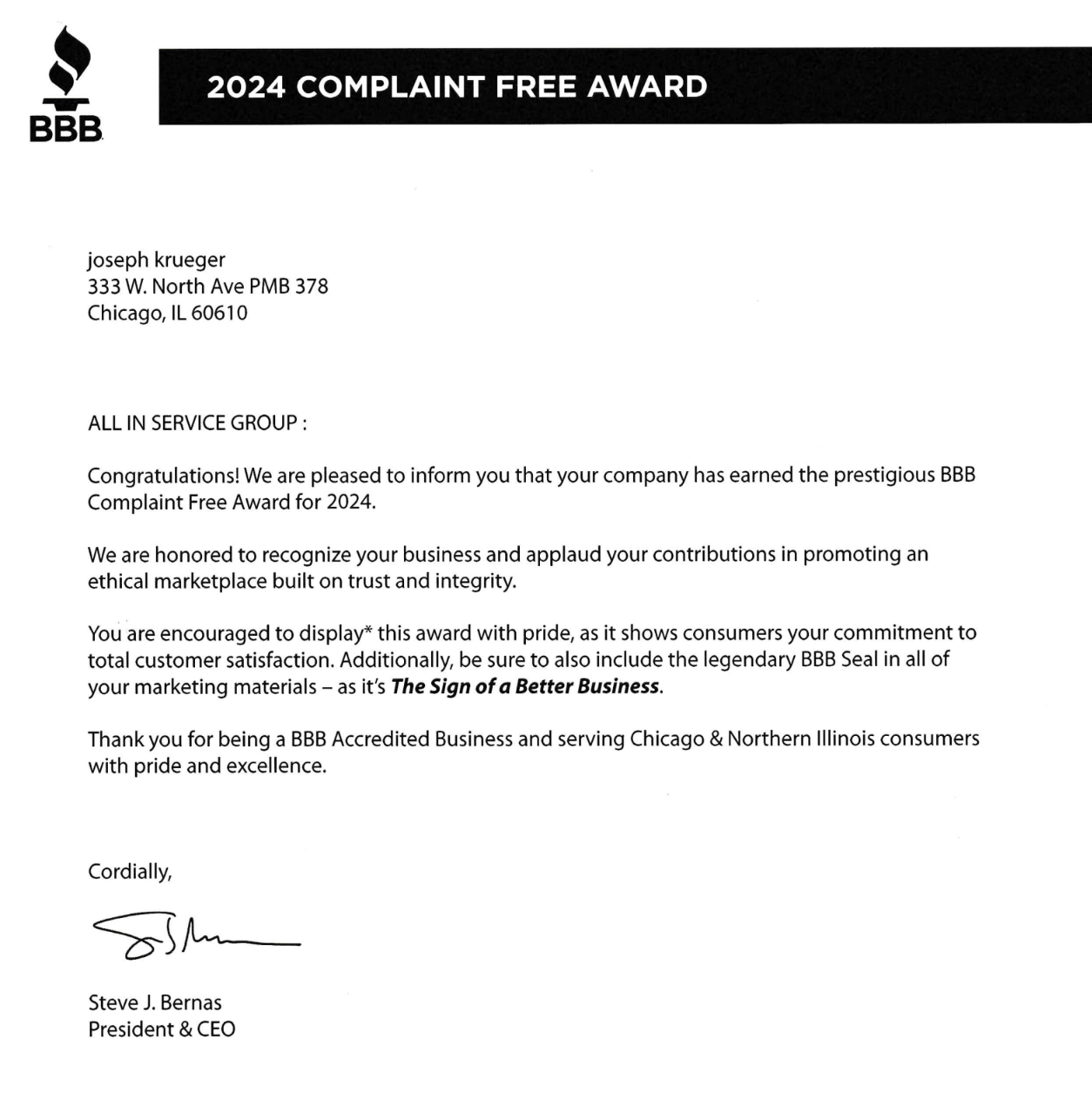BBB 2024 Complaint Free Award certificate with black header and official seal