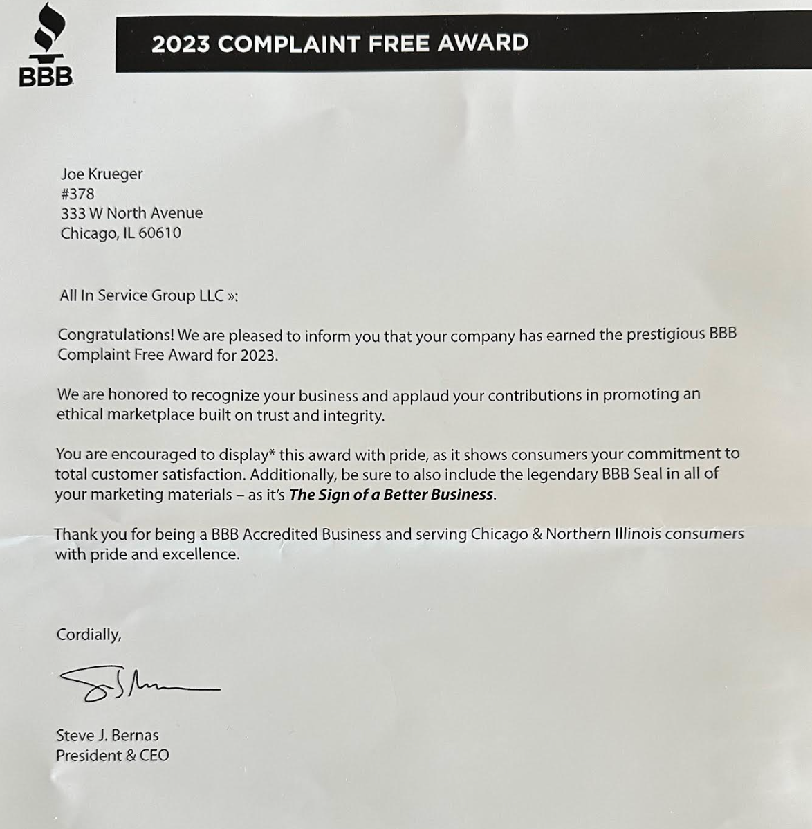 BBB 2023 Complaint Free Award certificate on white paper with black text and logo