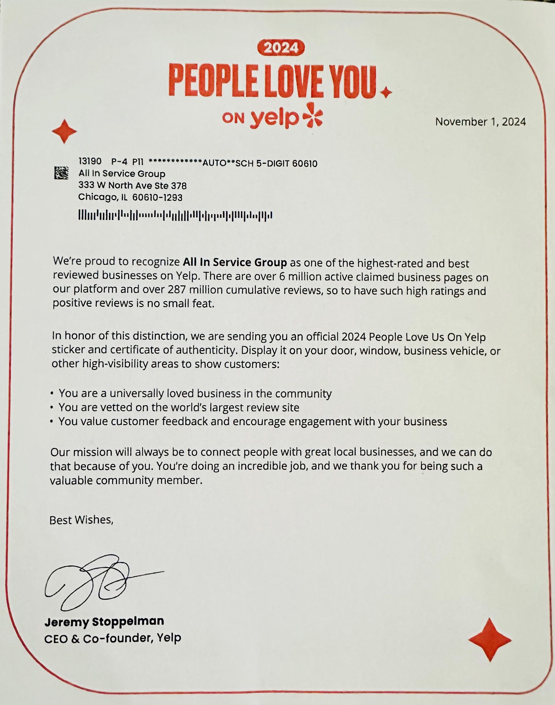 Certificate titled “People Love You on Yelp” with red border and text on white paper