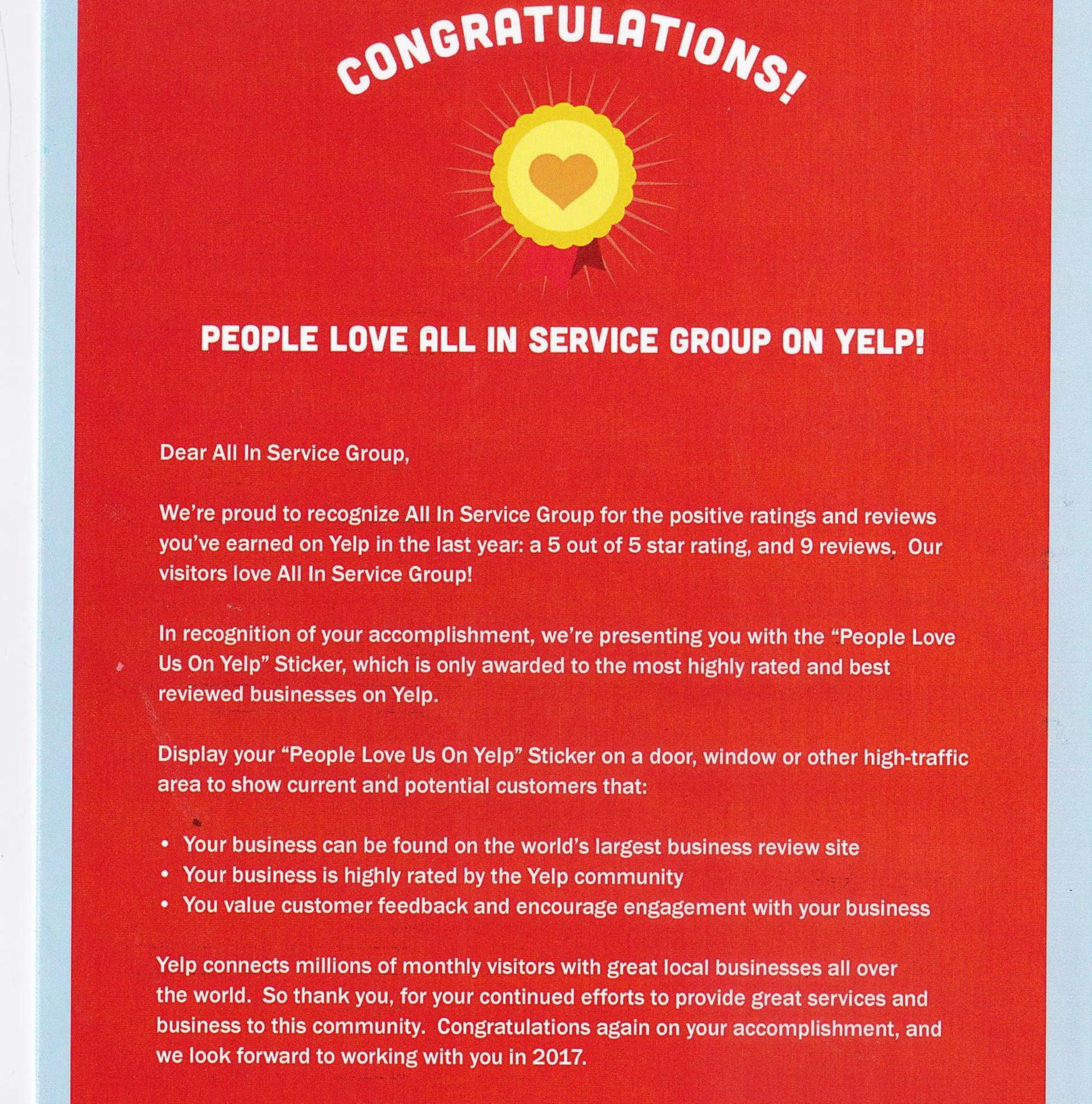 People Love Us on Yelp award — All In Service Group Chicago